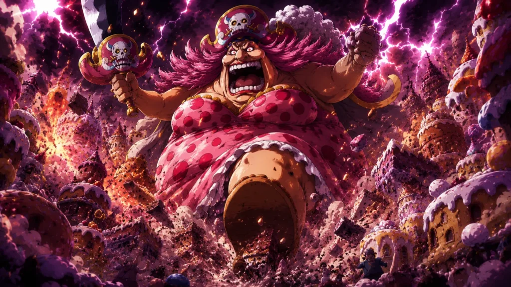 Big Mom destroying a city during one of her terrifying Hunger Pangs.