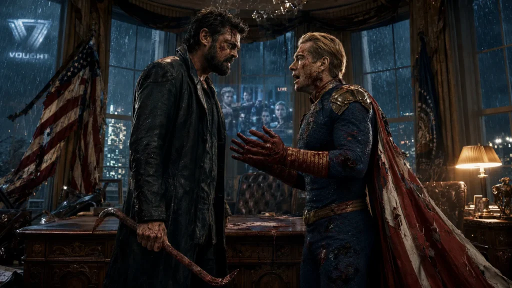 The Boys Season 5 finale Blood and Bone key art with Homelander and Butcher facing off in the Oval Office — the boys season 5 ending explained