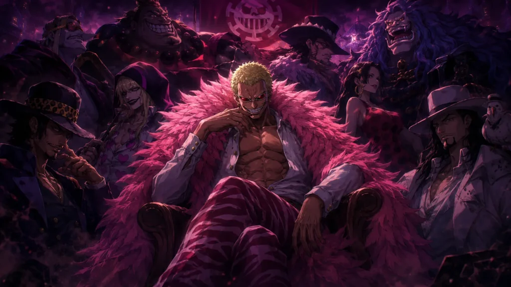 Donquixote Doflamingo and the Donquixote Pirates standing together ominously.