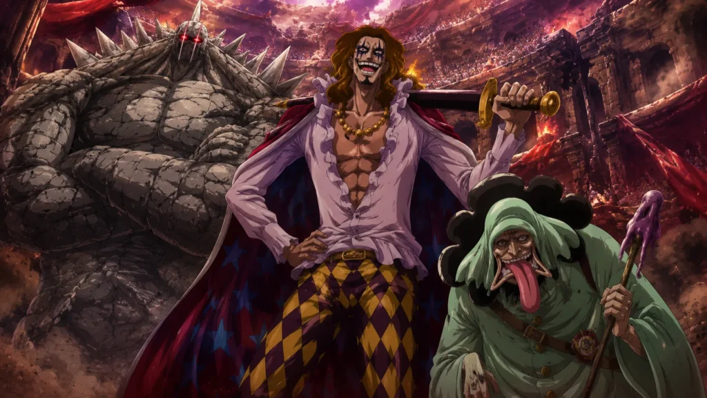 The Elite Officers of the Donquixote Pirates: Pica, Diamante, and Trebol.