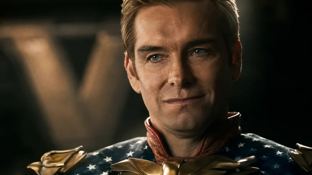 Homelander the boys ending character study: Antony Starr as Homelander in iconic American flag cape portrait