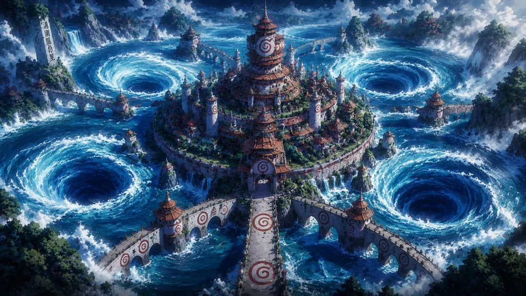 Uzushiogakure, the Hidden Eddy Village, protected by powerful whirlpools.
