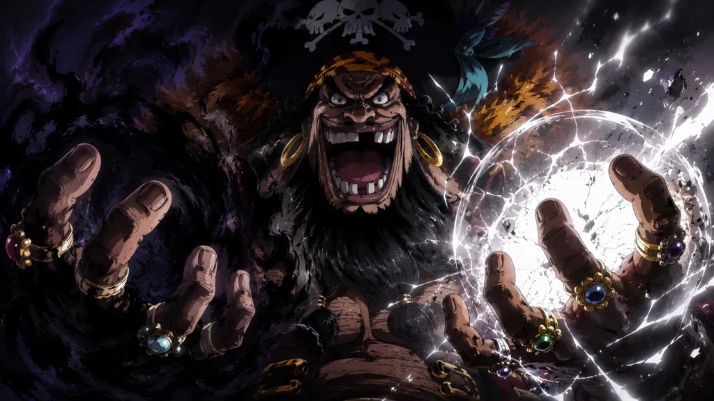 Blackbeard wielding both the Dark-Dark Fruit and the Tremor-Tremor Fruit.